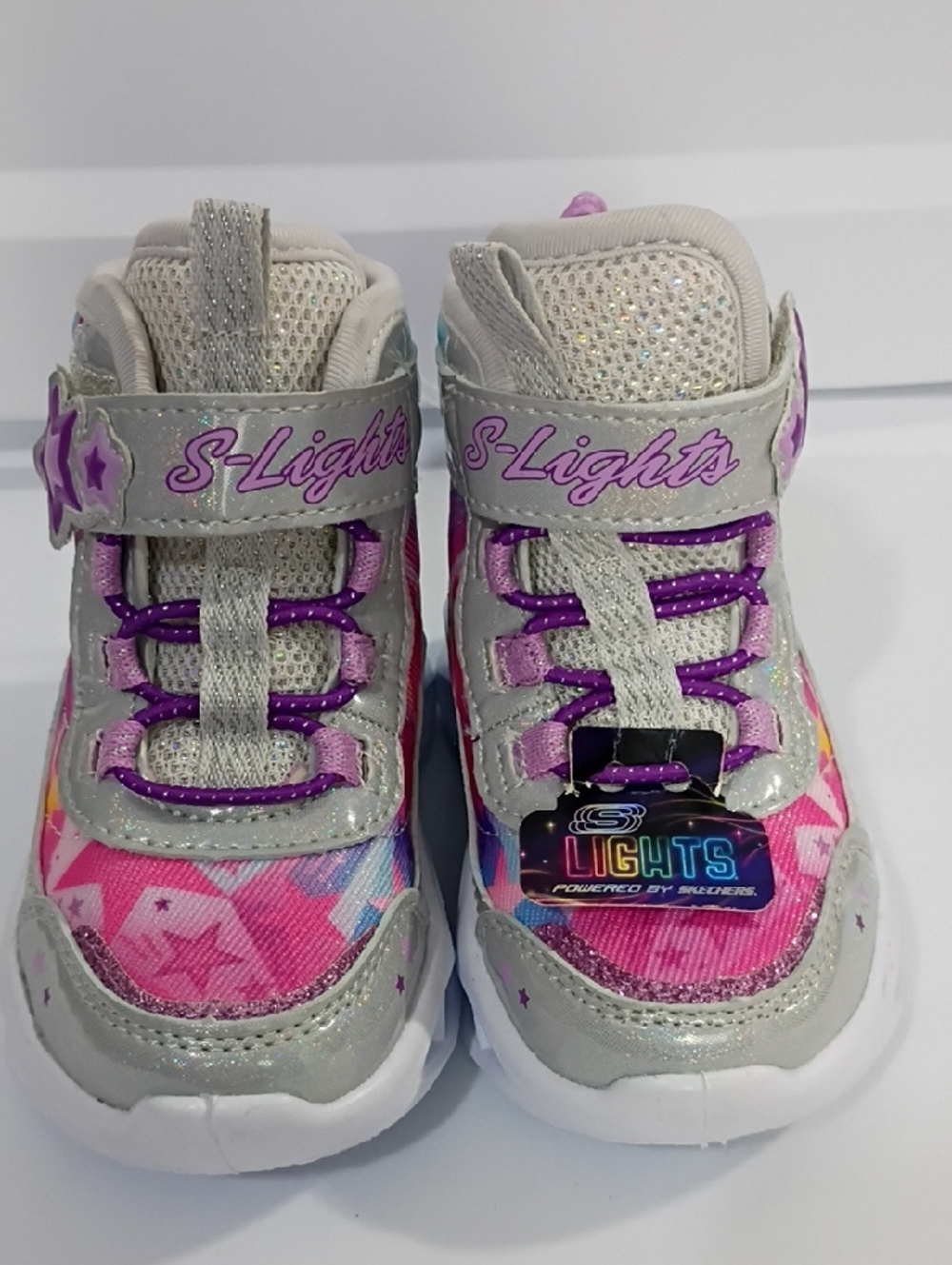 SKECHERS S-LIGHTS Girls Light-Up High-Top Sneakers in Pink and Silver SIZE 5 NWT